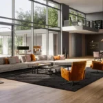 Bielefelder Werkstätten Sofa Long Island, in einem offenem Raum, mit Sesseln und Essgruppe