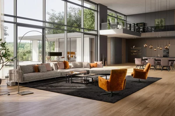 Bielefelder Werkstätten Sofa Long Island Bielefelder Werkstätten Sofa Long Island, in einem offenem Raum, mit Sesseln und Essgruppe