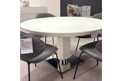 Ausziehbarer Esstisch Todo von Bacher, Platte weiß, Gestell weiß, Fußplatte Chrom, Bild 1