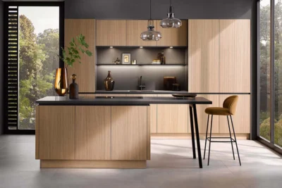 Elegante Häcker Küche systemat AV 6023, mit Rillenoptik, Eiche, Frontansicht