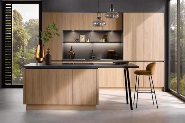 Elegante Häcker Küche systemat AV 6023, mit Rillenoptik, Eiche, Frontansicht Elegante Häcker Küche systemat AV 6023, mit Rillenoptik, Eiche, Frontansicht