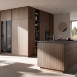 Elegante Häcker Küche systemat AV 6023, mit Rillenoptik, Nussbaum, Kochinsel