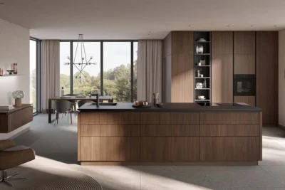 Elegante Häcker Küche systemat AV 6023, mit Rillenoptik, Nussbaum