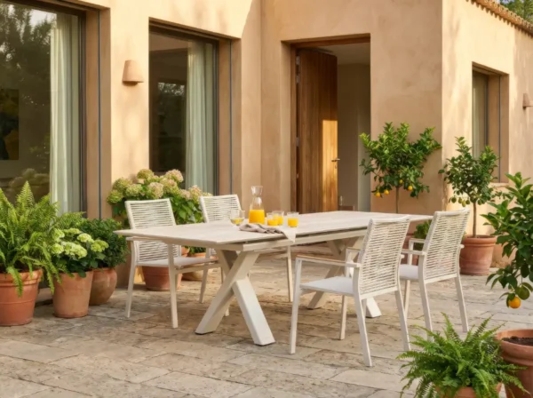 Zebra Stapelsessel Fly Rope und Gartentisch Levare Zebra Stapelsessel Fly Rope und Gartentisch Levare